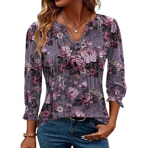 AKEWEI Blouses for Women Dressy Casual 3/4 Length Sleeve Spring Tops for Women V Neck Pleated T Shirts