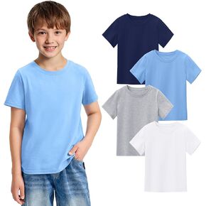 BOOPH 4 Pack Boys Shirts Kids Tshirts Toddler Short Sleeve T-Shirts Basic Crew Neck Tops Cotton Summer Uniform Clothes