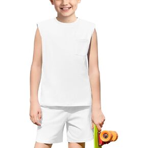 Haloumoning Boys 2 Piece Summer Outfits Short Sets Kids Tank Tops and Shorts with Pockets 4-14 Years
