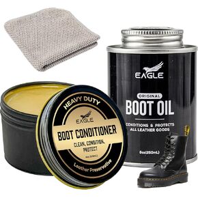 حزمة تكييف Eagle Leather-تشمل بلسم جلدي (4 أوقية) ، وزيت التمهيد مع قضيب مدمج (8.45 أوقية) وملحقات ومسكات وافل