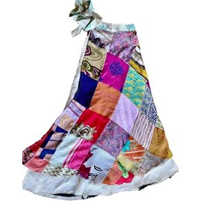 YILLE Boho Sari Silk Vintage Patchwork Wraparound Long Skirt for Women Ethnic Tie Waist Gypsy Skirt Multicolor Asymmetrical Free Size, Ethnic Fashion for Any Occasion and Casual Outings (Pack of 1)