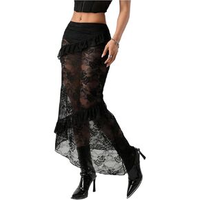 Verdusa Women's Gothic Floral Lace Sheer Maxi Skirt Drop Waist Asymmetrical Ruffle Bodycon Skirts