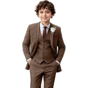 Boy Suit Tweed 3 Pieces Herringbone Slim Fit Formal Stylish Vest Tuxedo Pants Wedding Homecoming Dress wear Set