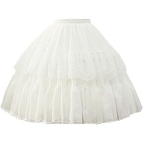 Women Girls Lolita Petticoat Gothic Cosplay Layered Rockabilly 2 Hoops Skirt Lace Crinoline Chiffon Ball Gown Short Slip Underskirt (White)