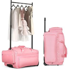 28" Dance Bag with Garment Rack for Travel, Rolling Duffle Competition Suitcase with Wheels, Rose Pink