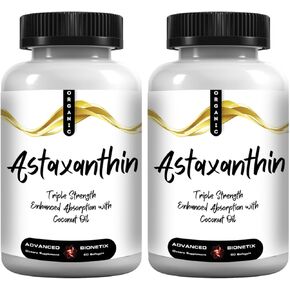 Triple Strength ASTAQUIL ™ ASTAXANTHIN 2 Pack Savings 12mg صيغة التوافر البيولوجي العالي ، 60 زيت جوز الهند العضوي الناعم لتحسين الامتصاص. مضادات الأكسدة القوية للعين والمفاصل والقلب صحة