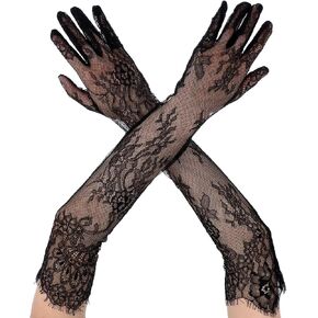 Lace Gloves Women Elegant Floral Mesh Tulle Sheer Long Tea Party 1920s Elbow Length Bridal Wedding Gloves For Wedding Engagement Cocktail Cosplay Masquerade Black