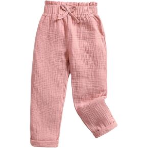 MakeMeChic Girl's Textured Paperbag Waist Pants Straight Leg Frill Trim Trousers