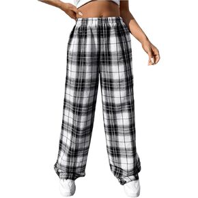 OYOANGLE Girl's Plaid Elastic Waist Pants Straight Leg Long Trousers