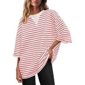 Panadila Womens Striped Short Sleeve Tunic Tops Oversized Crewneck T Shirt Casual Loose Fit Color Block Sweatshirt