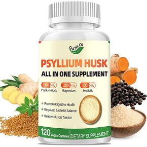 Psyllium Husk Capsules, Psyllium Husk Fiber Dietary Supplement 500mg, with Magnesium & Probiotics, Weight Management, Muscle Relief, Digestive & Gut Health for Men & Women, 120 Capsules