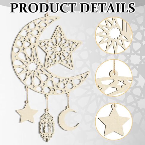 2 Pieces Eid Mubarak Door Sign Wooden Hanging Signs, Ramadan Kareem Hollow Ornament Decorations Moon and Stars, Moon Shape Ramadan Mubarak Party Wood Wall Hanger for Islamic Muslim Home Decor in Saudi Arabia