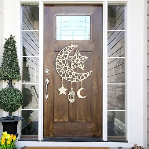2 Pieces Eid Mubarak Door Sign Wooden Hanging Signs, Ramadan Kareem Hollow Ornament Decorations Moon and Stars, Moon Shape Ramadan Mubarak Party Wood Wall Hanger for Islamic Muslim Home Decor in Saudi Arabia