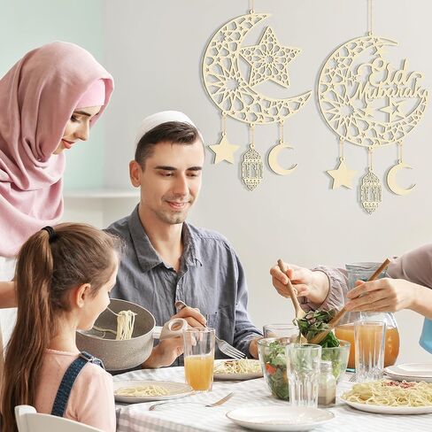 2 Pieces Eid Mubarak Door Sign Wooden Hanging Signs, Ramadan Kareem Hollow Ornament Decorations Moon and Stars, Moon Shape Ramadan Mubarak Party Wood Wall Hanger for Islamic Muslim Home Decor in Saudi Arabia