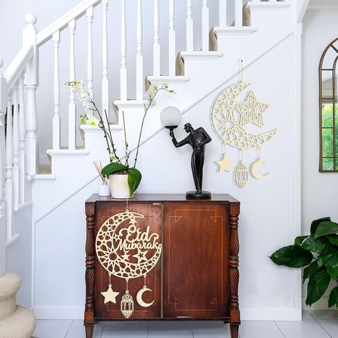 2 Pieces Eid Mubarak Door Sign Wooden Hanging Signs, Ramadan Kareem Hollow Ornament Decorations Moon and Stars, Moon Shape Ramadan Mubarak Party Wood Wall Hanger for Islamic Muslim Home Decor in Saudi Arabia