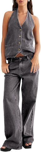 Fisoew Women's Two Piece Denim Set Button Down Backless Tank Top and Wide Leg Jeans 2 Piece Outfit Suits in Saudi Arabia