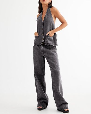 Fisoew Women's Two Piece Denim Set Button Down Backless Tank Top and Wide Leg Jeans 2 Piece Outfit Suits in Saudi Arabia