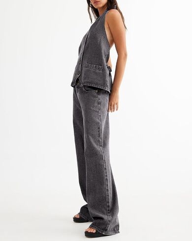Fisoew Women's Two Piece Denim Set Button Down Backless Tank Top and Wide Leg Jeans 2 Piece Outfit Suits in Saudi Arabia