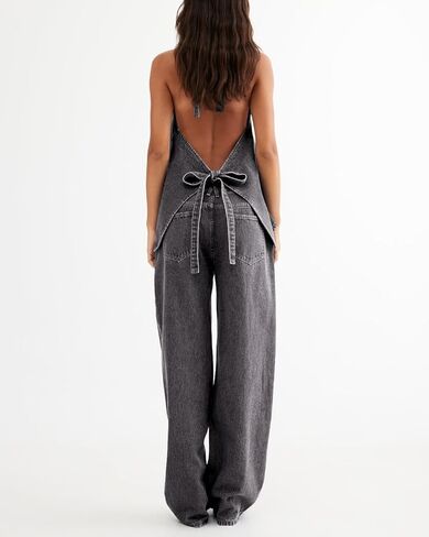 Fisoew Women's Two Piece Denim Set Button Down Backless Tank Top and Wide Leg Jeans 2 Piece Outfit Suits in Saudi Arabia