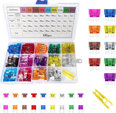 Car Fuse Assortment Kit, 195 PCS Blade Automotive Fuse, Standard/Low Profile Mini/Mini Size (3A/ 5A/ 7.5A/ 10A/ 15A/ 20A/ 25A/ 30A/ 35A), Replacement Fuse for Car/RV/Truck/Motorcycle/Boat in Kuwait
