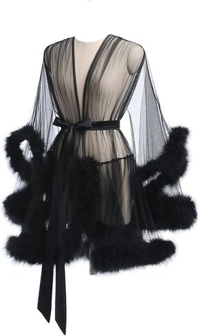 Robes For Women Tulle Robe with Faux Fur Trim, Sexy,Soft and Comfortable,Perfect for Spa Nights and Maternity Photoshoot in Kuwait