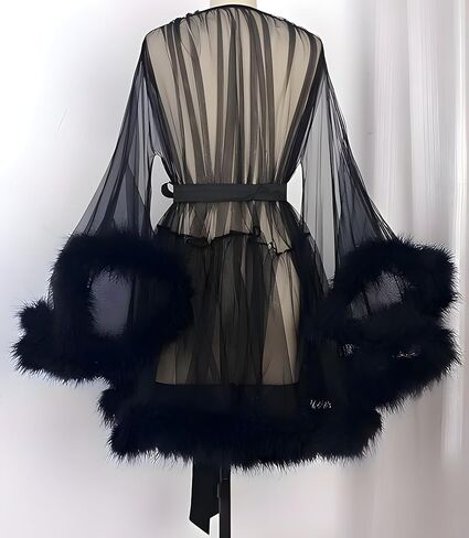 Robes For Women Tulle Robe with Faux Fur Trim, Sexy,Soft and Comfortable,Perfect for Spa Nights and Maternity Photoshoot in Kuwait
