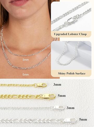 S925 Sterling Silver Figaro Stain Necklace for Women Girls 3mm/5mm سميكة متينة وسلسلة السلسلة للسيدات المجوهرات للنساء الفتيات 14/16/10/22/22/24/بوصة in Kuwait