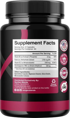 مكمل TMG Trimethylglycine مع مركب Methyl B - مكمل 500 mg Betaine TMG مع عوامل فيتامين B الميثيلية لدعم القلب والكبد الهوموسيستين - نباتي وغير معدّل وراثيًا (كمية شهر واحد) in Saudi Arabia
