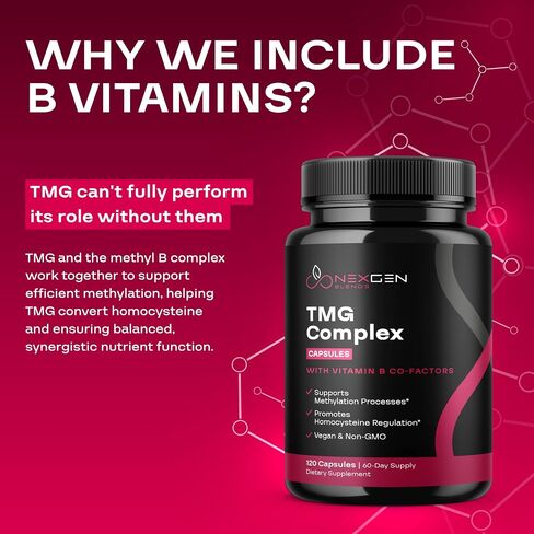 مكمل TMG Trimethylglycine مع مركب Methyl B - مكمل 500 mg Betaine TMG مع عوامل فيتامين B الميثيلية لدعم القلب والكبد الهوموسيستين - نباتي وغير معدّل وراثيًا (كمية شهر واحد) in Saudi Arabia