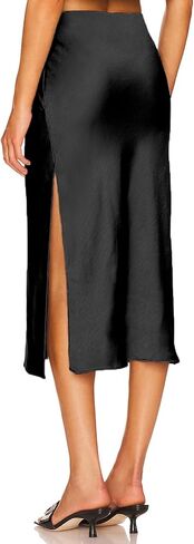 Women Satin Skirt Elastic Waistband Slit A Line Work Office Casual Midi Skirts in Kuwait