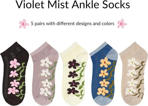 Violet Mist Cute Ankle Socks Kawaii Embroidered Floral Short Casual Cotton Socks Vintage Patterned 5 Pairs for Girls Women in Saudi Arabia