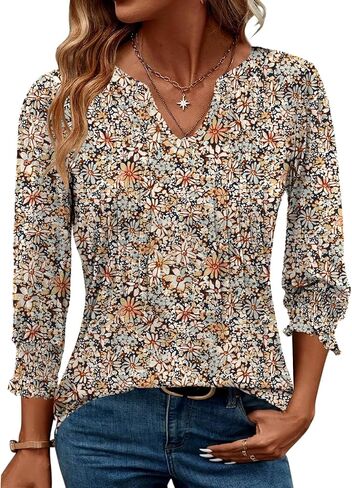 AKEWEI Blouses for Women Dressy Casual 3/4 Length Sleeve Spring Tops for Women V Neck Pleated T Shirts in Saudi Arabia