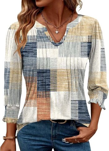 AKEWEI Blouses for Women Dressy Casual 3/4 Length Sleeve Spring Tops for Women V Neck Pleated T Shirts in Saudi Arabia