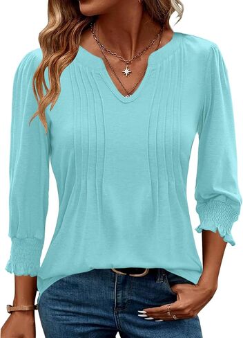 AKEWEI Blouses for Women Dressy Casual 3/4 Length Sleeve Spring Tops for Women V Neck Pleated T Shirts in Saudi Arabia