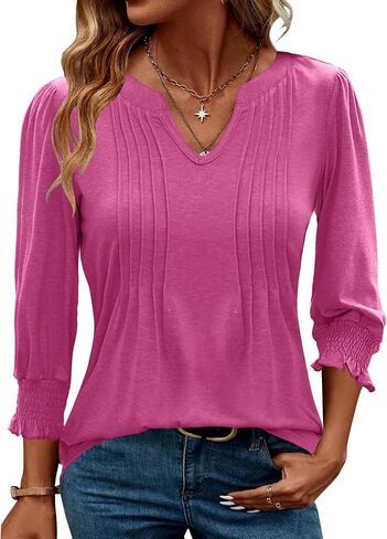 AKEWEI Blouses for Women Dressy Casual 3/4 Length Sleeve Spring Tops for Women V Neck Pleated T Shirts in Saudi Arabia