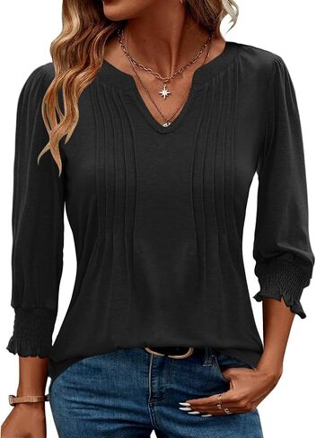 AKEWEI Blouses for Women Dressy Casual 3/4 Length Sleeve Spring Tops for Women V Neck Pleated T Shirts in Saudi Arabia