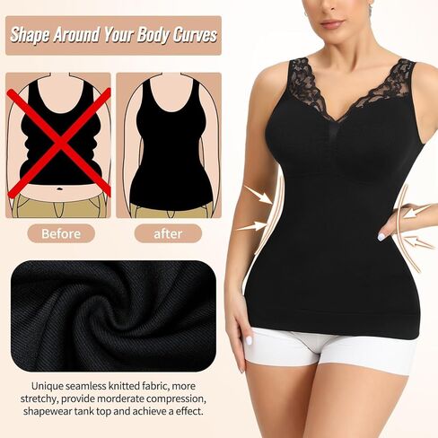 Camisoles with Built in Bra - Compression Shapewear V Neck Tank Tops for Women Lace Cami Shaper Tummy Control in Saudi Arabia