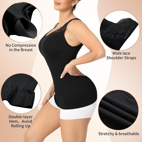 Camisoles with Built in Bra - Compression Shapewear V Neck Tank Tops for Women Lace Cami Shaper Tummy Control in Saudi Arabia
