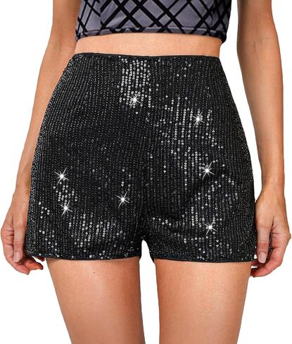 Women's Sparkly Sequins High Waist Elastic Straight Leg Glitter Party Shorts in Kuwait