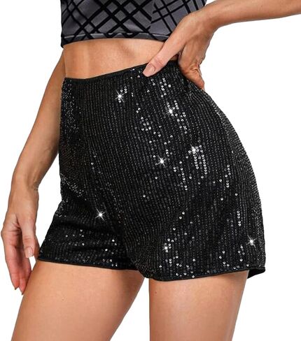 Women's Sparkly Sequins High Waist Elastic Straight Leg Glitter Party Shorts in Kuwait