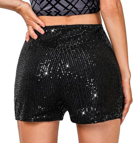 Women's Sparkly Sequins High Waist Elastic Straight Leg Glitter Party Shorts in Kuwait