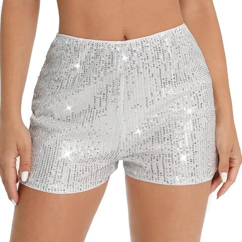 Women's Sparkly Sequins High Waist Elastic Straight Leg Glitter Party Shorts in Saudi Arabia