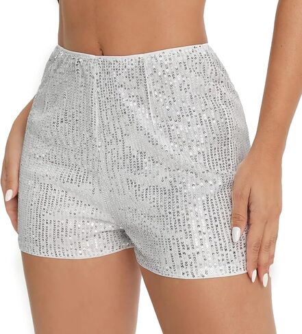 Women's Sparkly Sequins High Waist Elastic Straight Leg Glitter Party Shorts in Saudi Arabia