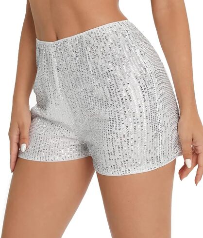Women's Sparkly Sequins High Waist Elastic Straight Leg Glitter Party Shorts in Saudi Arabia
