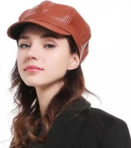 Women's PU Leather Plain 8 Panel Octagonal Hat British Style Artist Painter Newsboy Cap in Saudi Arabia