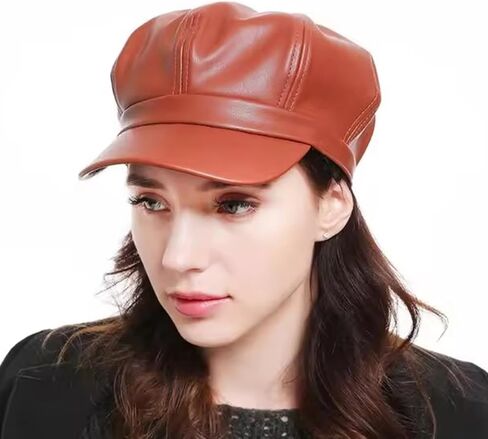Women's PU Leather Plain 8 Panel Octagonal Hat British Style Artist Painter Newsboy Cap in Saudi Arabia
