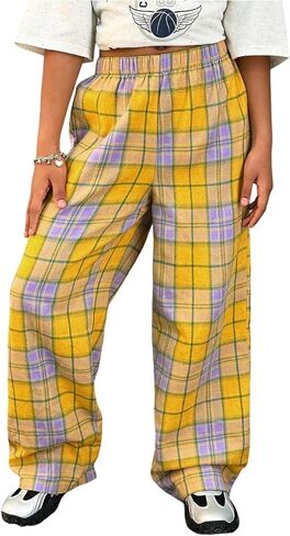 OYOANGLE Girl's Plaid Elastic Waist Pants Straight Leg Long Trousers in Saudi Arabia