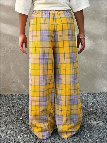OYOANGLE Girl's Plaid Elastic Waist Pants Straight Leg Long Trousers in Saudi Arabia