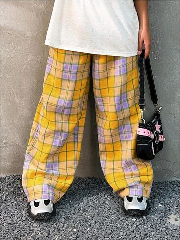 OYOANGLE Girl's Plaid Elastic Waist Pants Straight Leg Long Trousers in Saudi Arabia