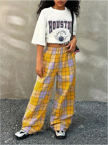 OYOANGLE Girl's Plaid Elastic Waist Pants Straight Leg Long Trousers in Saudi Arabia